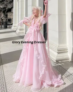 Розовые платья для выпускного вечера 2023, Летние Вечерние платья с V-образным вырезом, оборками, бантом трапециевидной формы, Короткими рукавами, длиной до пола, vestidos de
