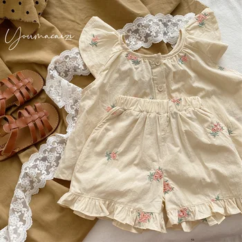 Летний комплект одежды для маленьких девочек, хлопковая рубашка с цветочной вышивкой и короткими рукавами + шорты, детская одежда, костюм, детская одежда