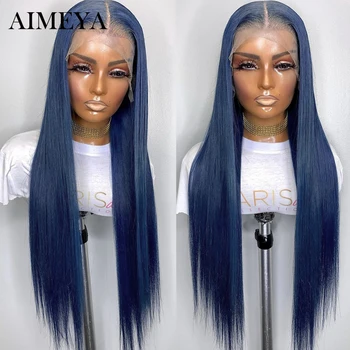 AIMEYA Темно-синий синтетический парик на кружеве спереди, прямые парики для чернокожих женщин, кружевной парик из детских волос, Термостойкое волокно, Натуральная линия роста волос