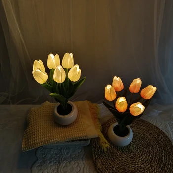 Светодиодный светильник с искусственными цветами тюльпан, USB-зарядка, атмосферная лампа с регулируемой яркостью, безопасная энергосберегающая для предметов домашнего декора