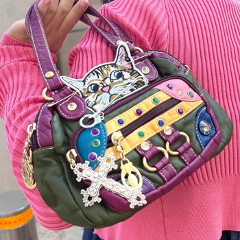 Сумки из мягкой кожи с вышивкой Кота для женщин, винтажная сумка-мессенджер Y2k в Японском стиле, шикарная цепочка с бриллиантами, милая сумочка в кавайном стиле