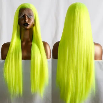 Синтетический парик с кружевом спереди Ярко-зеленого цвета, Шелковистые Прямые волосы из термостойких волокон, натуральный пробор без линии роста волос для женщин