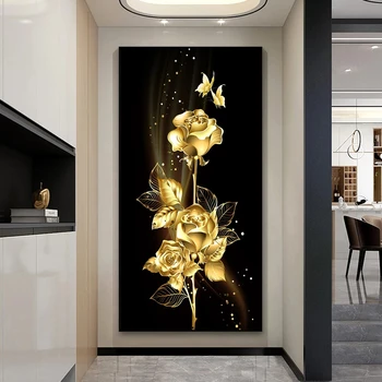 Абстрактная картина маслом с золотыми листьями и розами, напечатанная на холсте, плакаты и принты, настенное искусство, картина для домашнего декора в гостиной