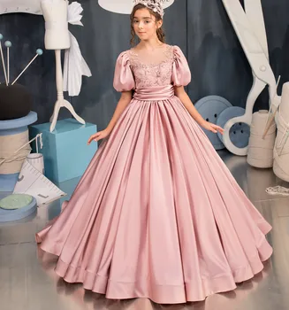 Элегантное платье принцессы с цветочным узором для девочек, свадебная вечеринка, Розовое Атласное Блестящее кружевное Детское платье для Первого причастия, нарядные платья для выпускного вечера