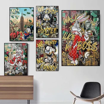 Картина на холсте с граффити Диснея Деньги, Скрудж Макдак, Милый кролик, мультяшный плакат, современное настенное искусство, принты, картина для домашнего декора