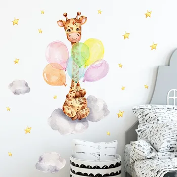 Мультяшные наклейки на стену с воздушным шаром и жирафом для детской комнаты для мальчиков, Декор стен в детской спальне, Животные, наклейки на стены из ПВХ, украшение дома своими руками