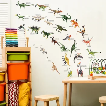 Наклейки на стену с изображением мультяшного динозавра с английским алфавитом Для дошкольного образования детей, декоративные наклейки на стену, самоклеящаяся наклейка на стену