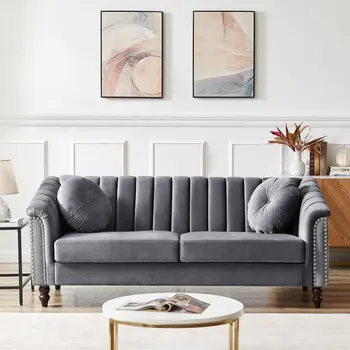Современный диван с бархатной обивкой, кушетка для гостиной со спинкой на 3 места с ворсом и ножками из массива дерева с подлокотниками, серый