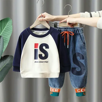 Комплекты одежды для маленьких мальчиков, модные хлопковые толстовки, топы + джинсы, 2 предмета, спортивный костюм для мальчиков, одежда для девочек, костюмы от 2 до 9 лет
