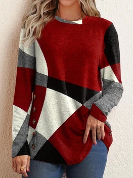 Женская осенне-зимняя модная футболка с длинным рукавом и круглым вырезом, рубашки с принтом, Женский повседневный пуловер, свободные топы