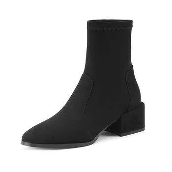 Черные демисезонные женские ботильоны на среднем квадратном каблуке с круглым носком, Модные ботинки в стиле пэчворк, Большие женские размеры 32 42