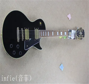 высококачественная черная гитара на заказ, электрогитара с черным медиатором, золотые клавиши настройки гитары