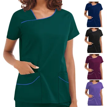 Новые топы для медсестер, легкая и тонкая однотонная униформа медсестры для женщин, рабочая одежда для салонов красоты, футболка с коротким рукавом и нерегулярным воротником.