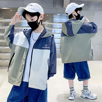 Летняя куртка для маленьких мальчиков в стиле пэчворк с капюшоном на молнии, легкая дышащая детская солнцезащитная одежда, детская экипировка 4-14 лет XMP103