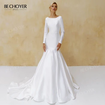 Свадебное платье BECHOYER с длинным рукавом 2023 Атласная Изящная Русалка Придворный шлейф Платья принцессы Невесты NR226 Плюс Размер Vestido de Noiva