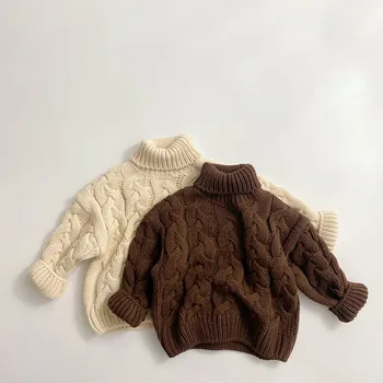 Новые Зимние детские пуловеры унисекс, свитера, Корейский стиль, однотонные топы с воротником-водолазкой, детский свитер