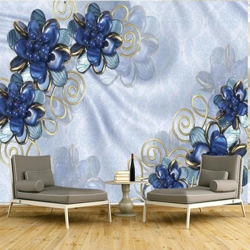 Настенное покрытие на заказ 3D Рельефные обои с синими цветами и драгоценными камнями для 3D гостиной спальни, дивана, домашнего декора Papel De Parede