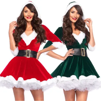 Женский Красно-зеленый Бархатный Рождественский костюм Санта-Клауса, Рождественская вечеринка, Необычное Сексуальное платье с капюшоном и пояс