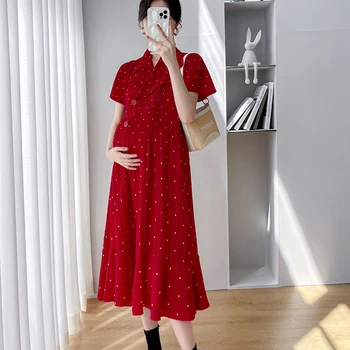 Летнее платье для беременных в корейский горошек с коротким рукавом и высокой талией в тон, стильное платье для беременных женщин, одежда для беременных