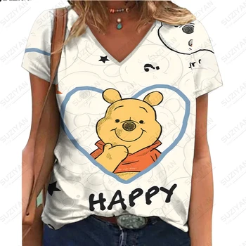 2023 женская новая летняя модная футболка с 3D принтом Disney Winnie the Pooh Tigger с короткими рукавами и V-образным вырезом в повседневном стиле