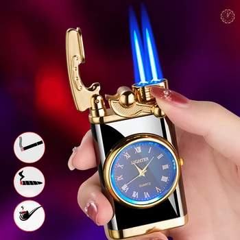 2023 Новые светящиеся часы-качалки Металлическая лампа необычного цвета Газовая зажигалка с бутановой горелкой и двойным факелом Ветрозащитная зажигалка Мужской подарок