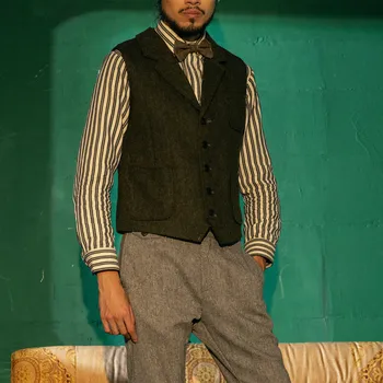 Мужской костюм Жилет Армейско-зеленый Однобортный жилет в елочку с V-образным вырезом в стиле ретро, официальные Тонкие винтажные свадебные деловые жилеты
