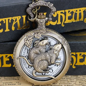 Бронзовые полые кварцевые карманные часы с рисунком мыши, ожерелье, Подвеска, подарки для женщин и мужчин