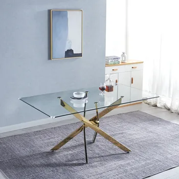 Элегантный стеклянный прямоугольный обеденный стол с золотой отделкой из нержавеющей стали для кухни столовой столовой гостиной